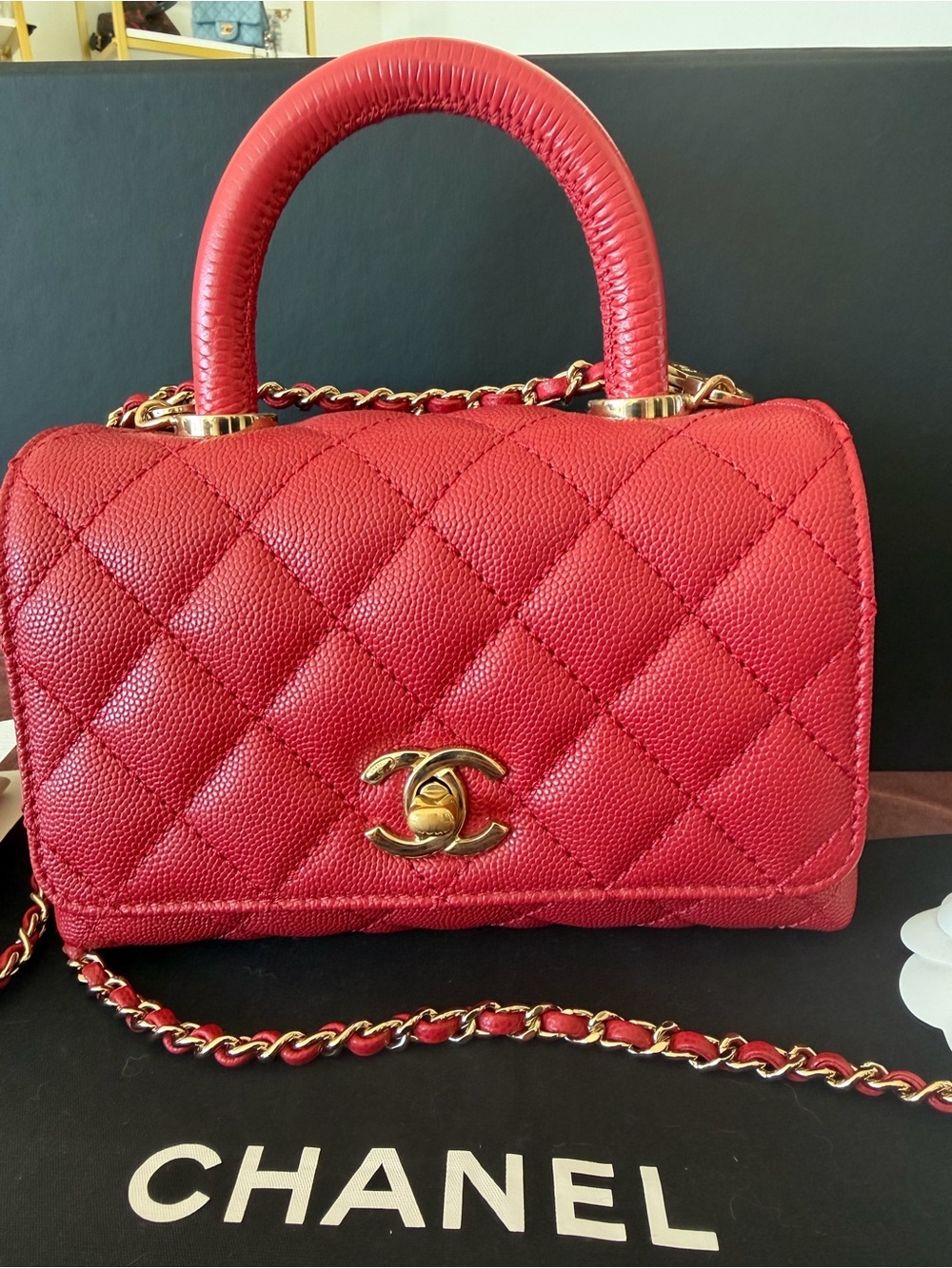 CHANEL Red Quilted Mini COCO Top Handle in deep red color! ♥️